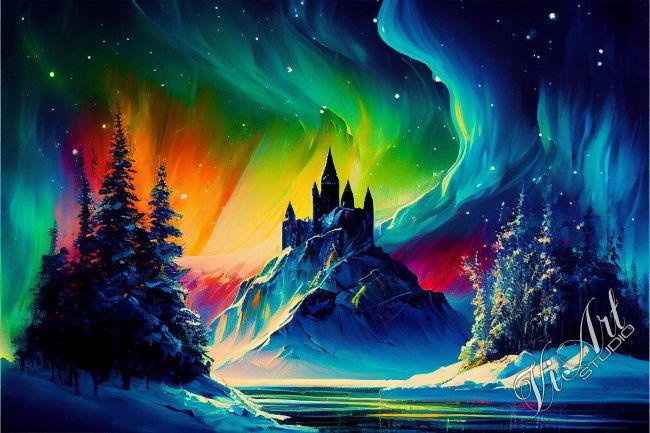 Northern lights over the old castle