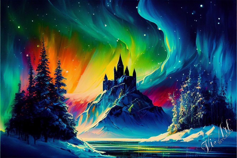 Northern lights over the old castle