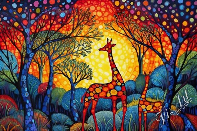 Colorful forest giraffes