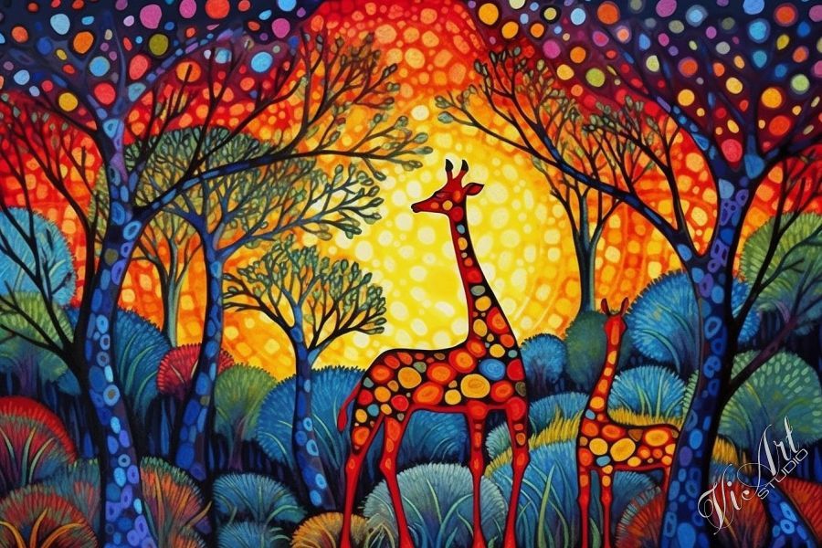 Colorful forest giraffes